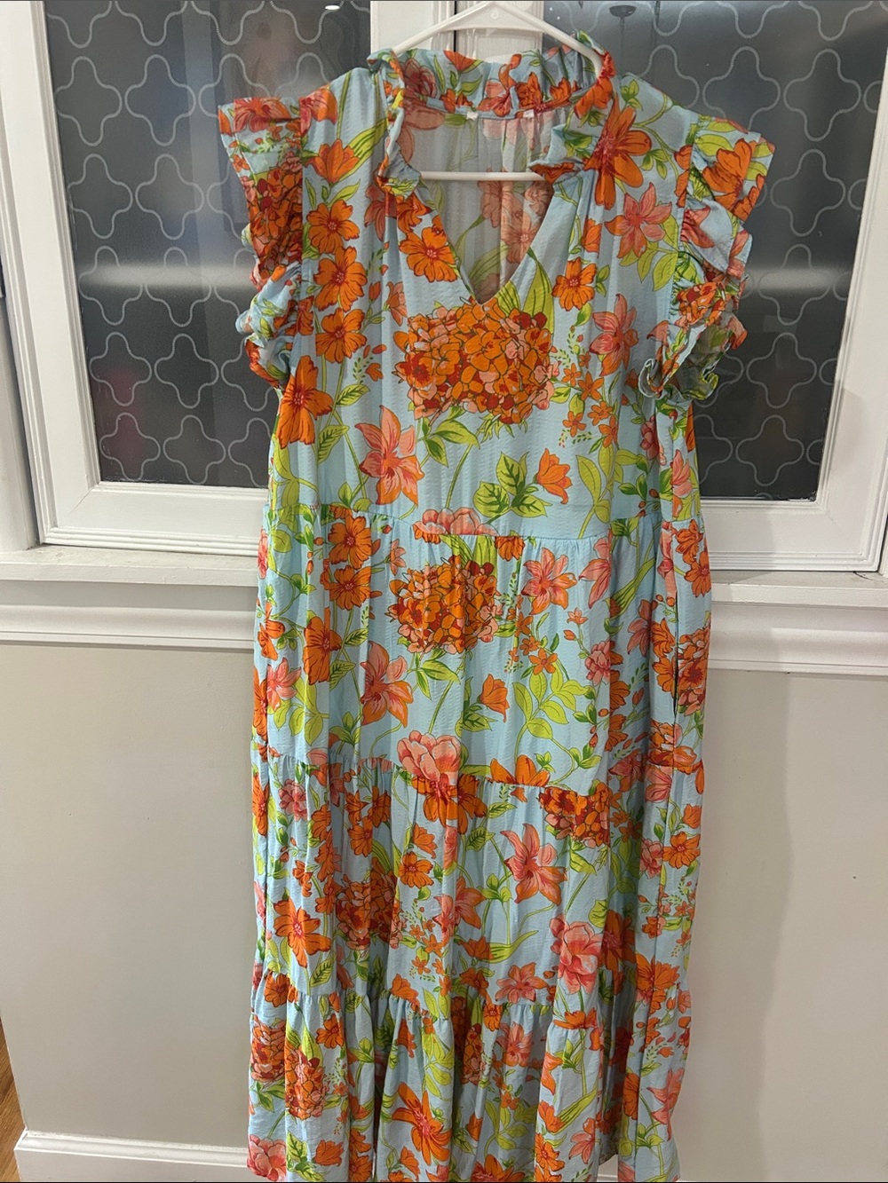 Umgee Floral Ruffle Sleeve Dress - Light Blue & Orange